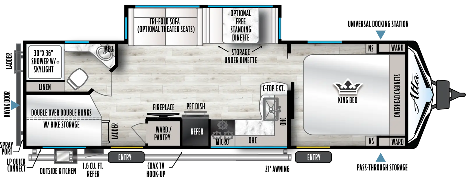 Has a super slide on the off-door-side with a sleeper sofa and booth that can be optioned with theater seats IPO the sofa or table and chairs IPO the booth. There are two entry doors on the awing or door-side of the unit. Layout from front to back-  secondary entry with King size bed that runs north and south, slider door into a walk through bath with a 30x36 shower, vanity, porcelain toilet with linen storage next to the shower, with another slider out of the back of the bathroom toward the rear of the unit. To the right on the off-door side is the super slide and to the left on the door-side is an L-shaped kitchen with overheads, range with a microwave above it, refer, and TV with pantry/ closet behind it. Then about 2/3rd of the way down on the door-side is the main entry followed by a double over double bunk in the rear door-side corner of the unit. In the rear off-door corner is the bathroom with a 30x36 shower, vanity an porcelain toilet.
